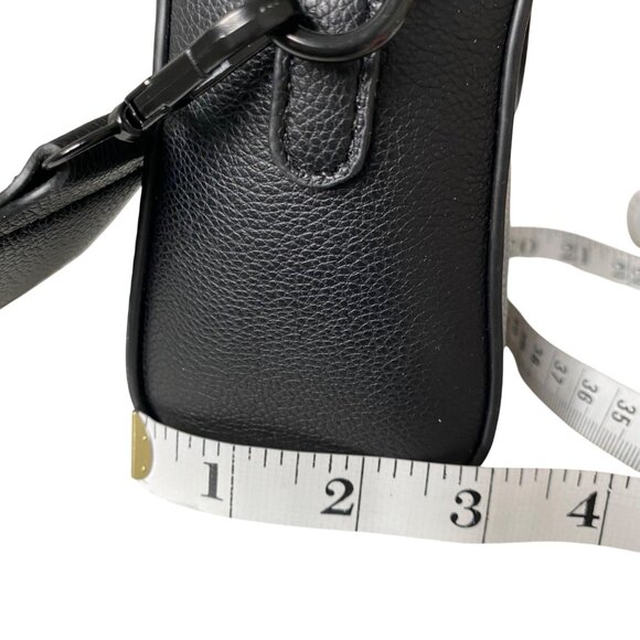 Small Black Leather Effect Crossbody Bag with Emblem & Wide Strap Neutral Travel - Picture 16 of 16